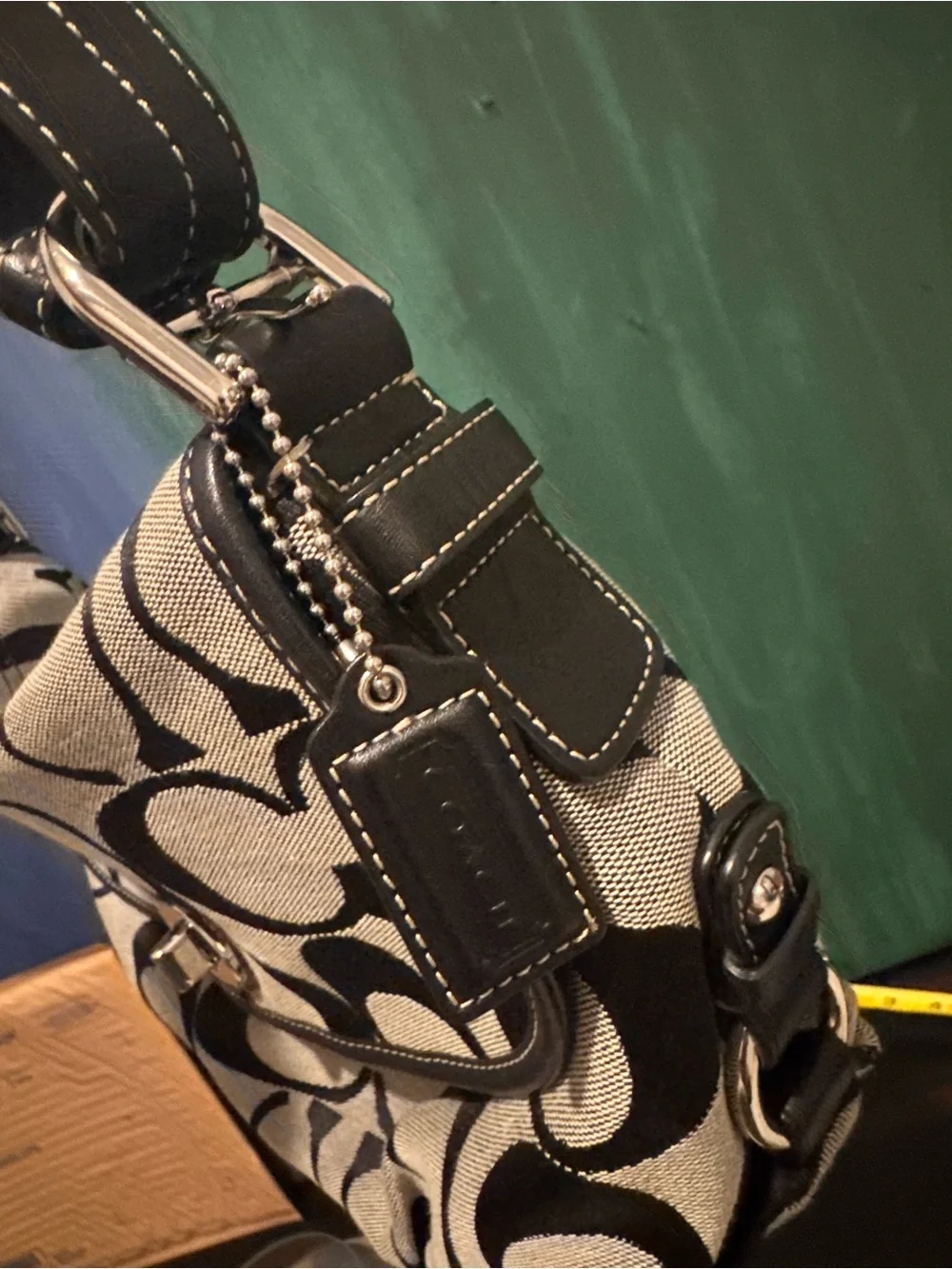 Coach Black and Cream Signature Canvas Shoulder Bag with Turn-Lock